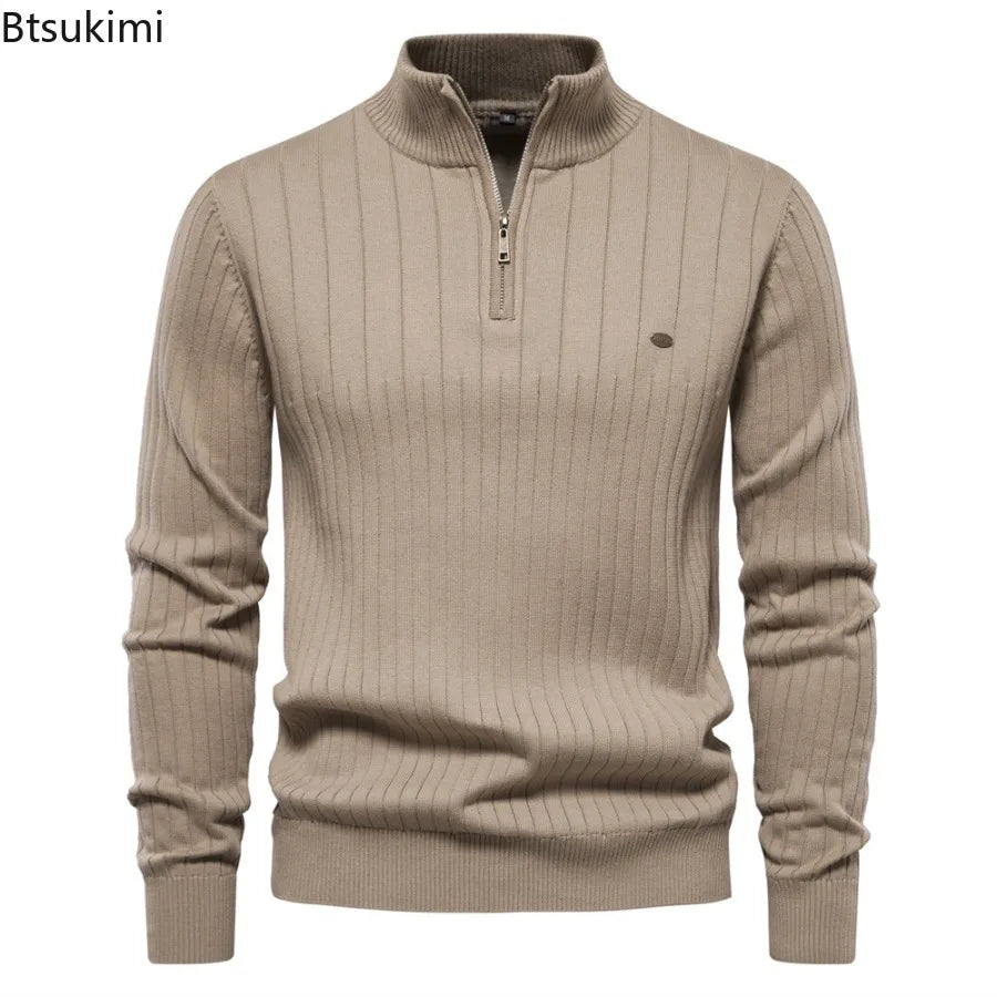 New Men's Half Zipper Pullover Sweaters High Quality Solid Knitted Sweater Tops Autumn Winter Stand Collar Warm Sweaters for Men