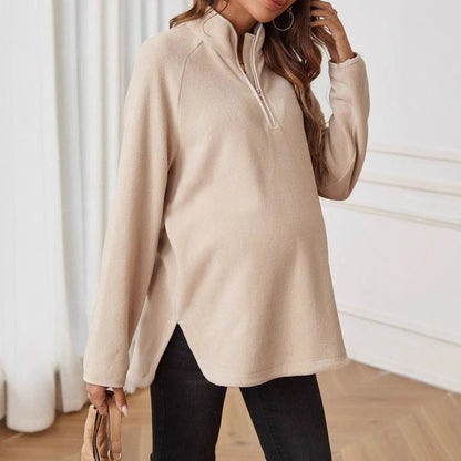 Maternity Clothes for Women Autumn Winter Pregnant Dresses Photoshoot Clothing Fashion Plain Zipper Loose Long-sleeved T-shirt