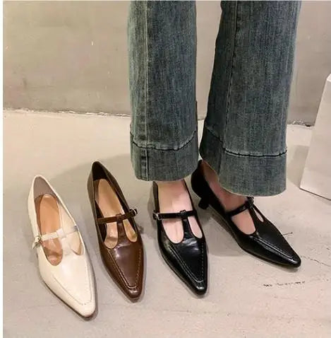 Women's Shoes Fashion Pointed Toe Buckle-heeled Single Shoes Retro Solid Color Medium Heels Casual Shallow Mouth Zapatos Mujer