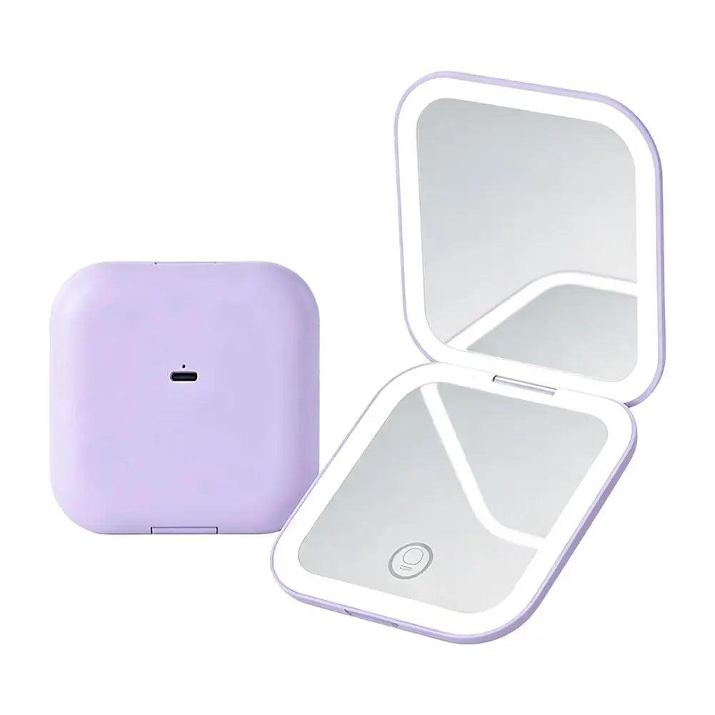 Rechargeable Handheld Mirror With 2X Magnification Portable Folding LED Makeup Mirror Pink Dual-Sided LED Lighted Makeup Mirror
