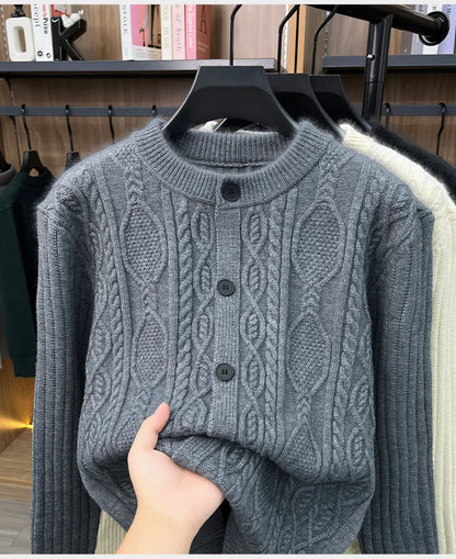Men Cable Knit Cardigan Stand Collar Button Down Thick Warm Old Money Style Knit Coat For Autumn Winter