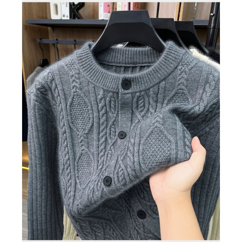 Men Cable Knit Cardigan Stand Collar Button Down Thick Warm Old Money Style Knit Coat For Autumn Winter