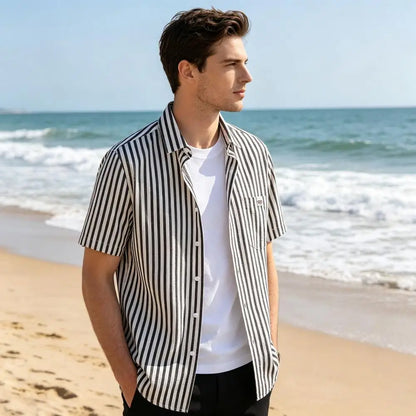Men Striped Shirt Short Sleeve With Patch Pocket Lapel Loose Fit Summer Casual Button Down Tops