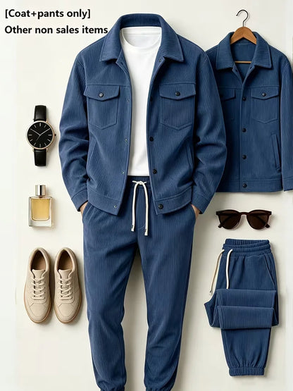 Men Corduroy 2‑Piece Outfit, Lapel Button Jacket and Drawstring Jogger Pants Set, Casual Daily Wear Men Suit