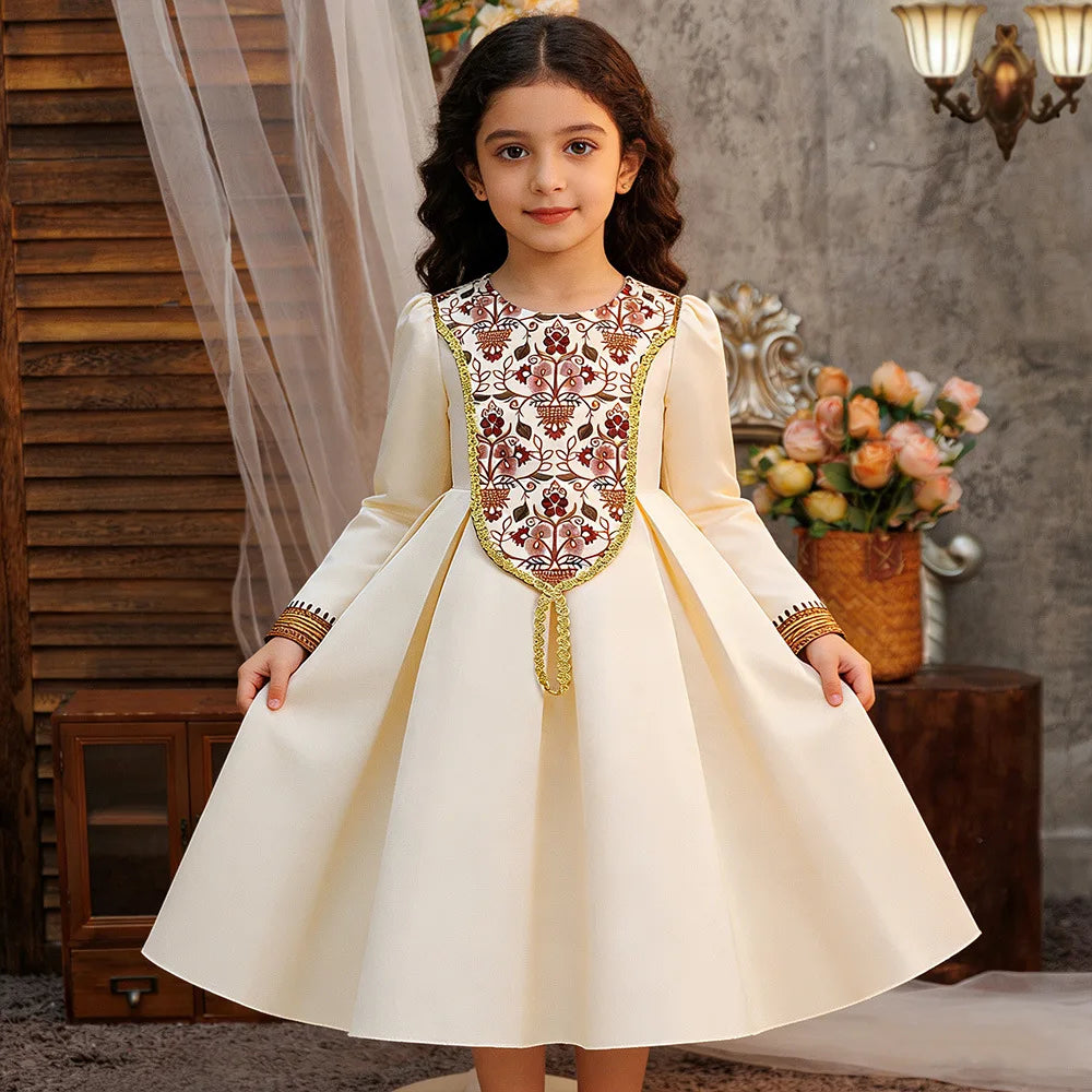 Kids Muslim Clothes Girls Long Sleeve Dressfashion Splice Print Robe Ramadan Party Dresses Dubai Morocco Gown for Birthday Gifts