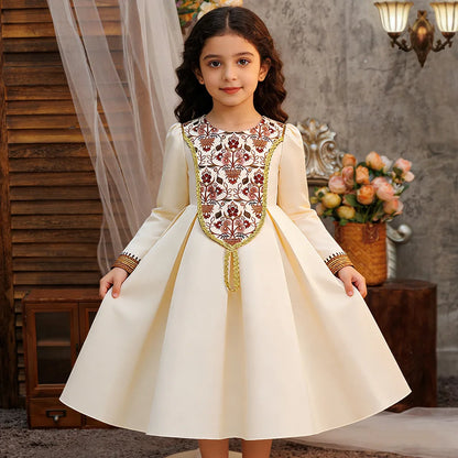 Kids Muslim Clothes Girls Long Sleeve Dressfashion Splice Print Robe Ramadan Party Dresses Dubai Morocco Gown for Birthday Gifts