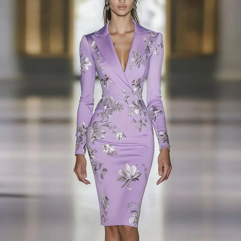 Woman Clothes Dresses 2025 Spring Floral Print Bodycon Elegant Evening Dress Autumn Long Sleeve Turn-down Collar Commute Dresses