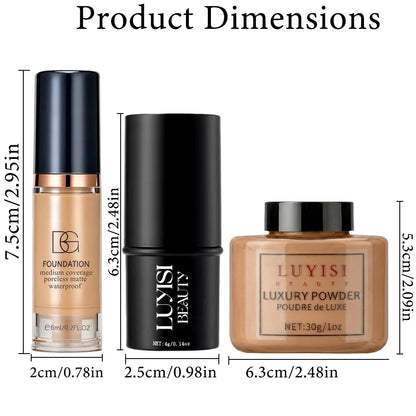 Facial Makeup Set:1PC Foundation+1PC Contouring Stick+1PC Setting Powder,Full Coverage,Waterproof And Sweatproof,Soft Cosmetics.