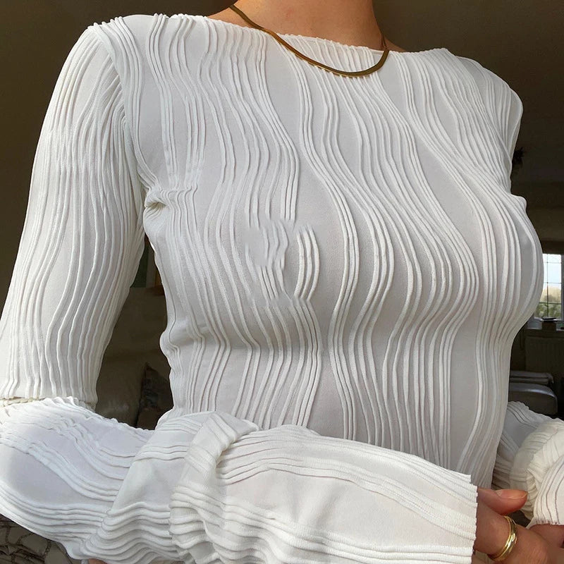 Woman Fashion Casual Ruched Long Sleeve T-shirt Blouses Female White Skinny Cropped Bottoming Shirt 2022 Autumn Y2K Top Clothes