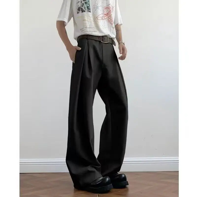 Spring Summer Pleated Wide Curved Trousers Men A-line Tailored Casual Suit Pants Streetwear Work wear Cleanfit Business