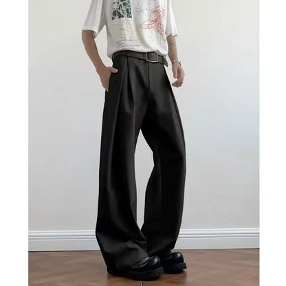 Spring Summer Pleated Wide Curved Trousers Men A-line Tailored Casual Suit Pants Streetwear Work wear Cleanfit Business