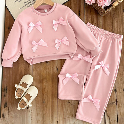 Kids Clothes Girls Autumn Fashion Bow-decorated Pink Sweatshirt + Straight-leg Pants Sets Children&