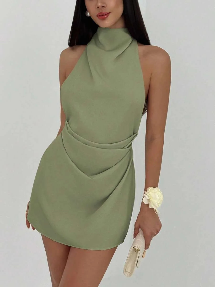Satin Mini Dress Women High Neck Backless Sleeveless Wrap Short Dress Elegant Solid Color Cocktail Party Club Evening Outfit