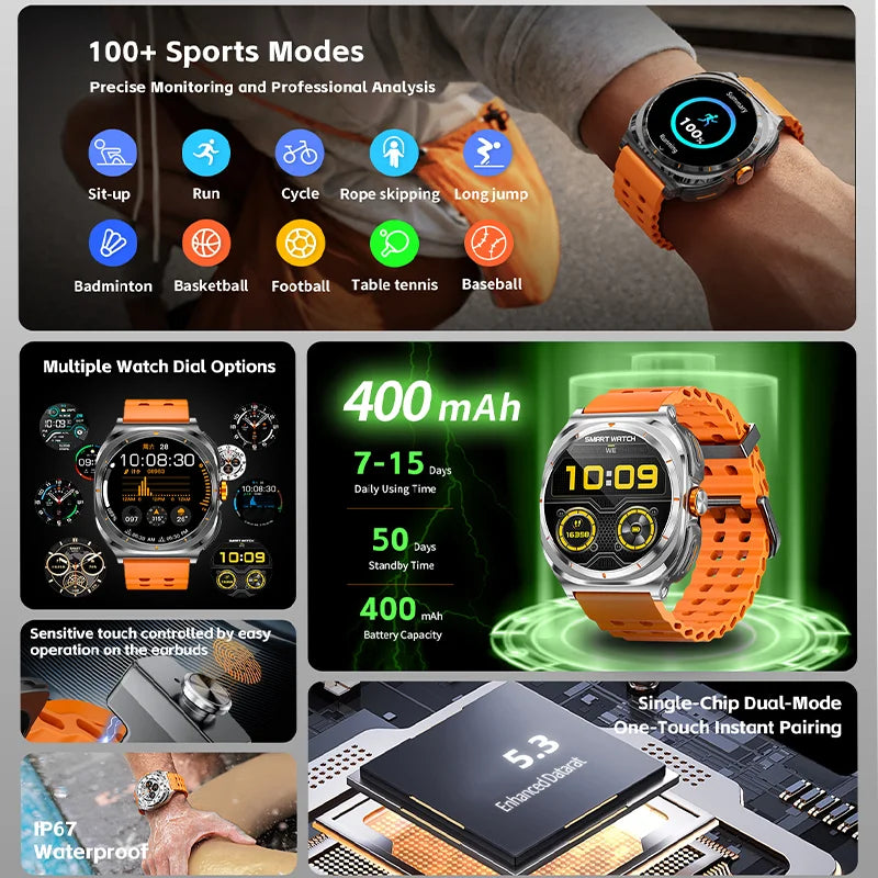 2026 New Watch Earphones 2-in-1 Smart Watch Health Monitoring Bluetooth Call 100+Sports Mode Outdoor Smart Watch Men and Women
