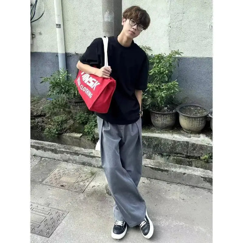 Spring Summer Pleated Wide Curved Trousers Men A-line Tailored Casual Suit Pants Streetwear Work wear Cleanfit Business
