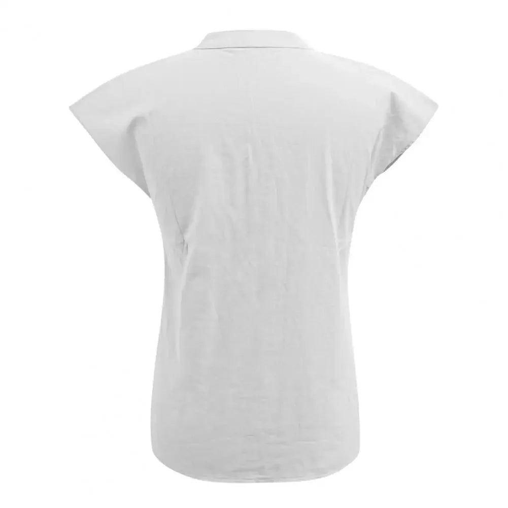 Women T-shirt Cotton Linen Summer Blouse Solid Color Simple Short Sleeve V Neck Quick Dry Daily Clothes Ropa Mujer Blusas