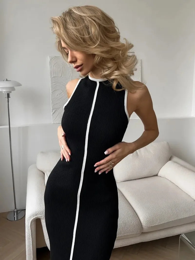 Women Ribbed Knit Midi Dress Sleeveless Bodycon Pencil Dress Elegant British High Street Daily Office Chic Slim Long Dress