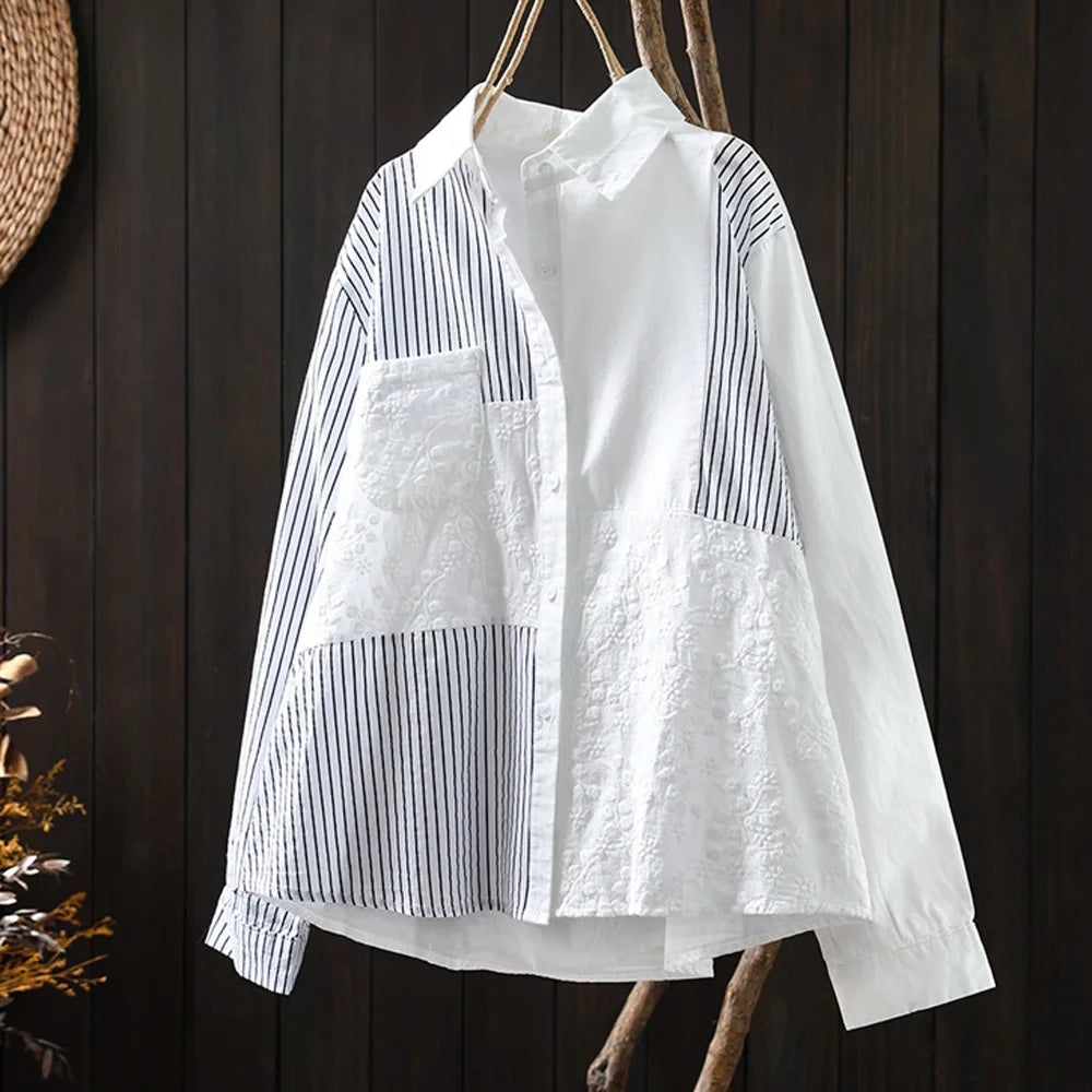 Fall Clothes 2026 Women Cotton Lace Striped Patchwork Shirts Long Sleeve Blouses for Lady Tops Office Wear Women Fashion Blouses
