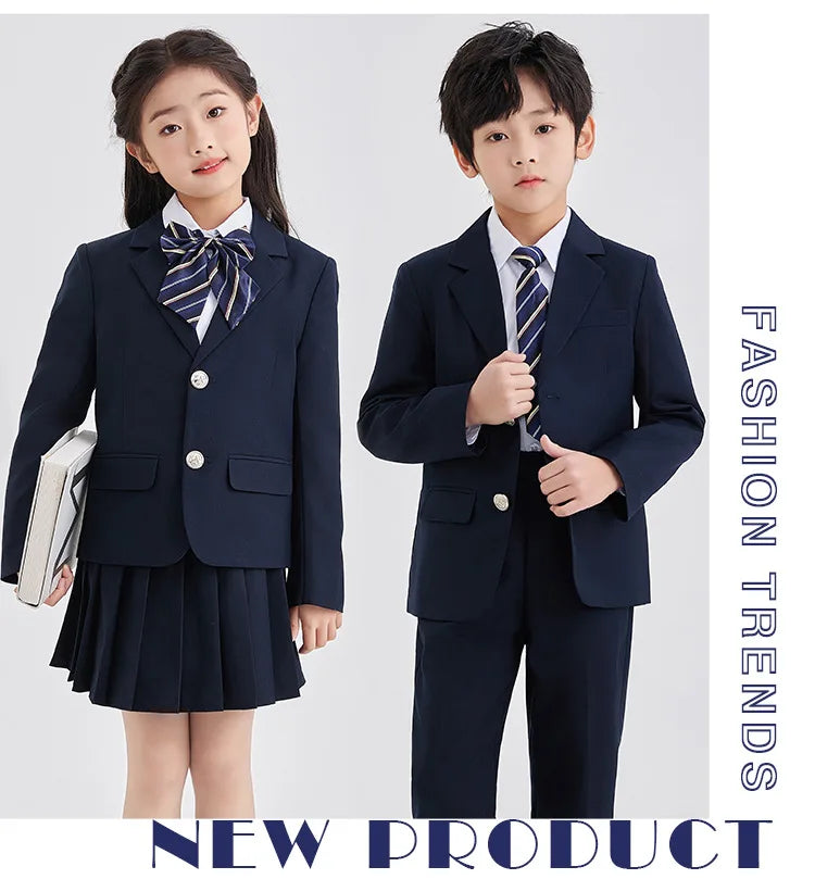 Children School Uniform Girls Jacket Pleated Skirts Suits Boys British Student Blazers Pants Kids Formal Dress Class Clothes Set