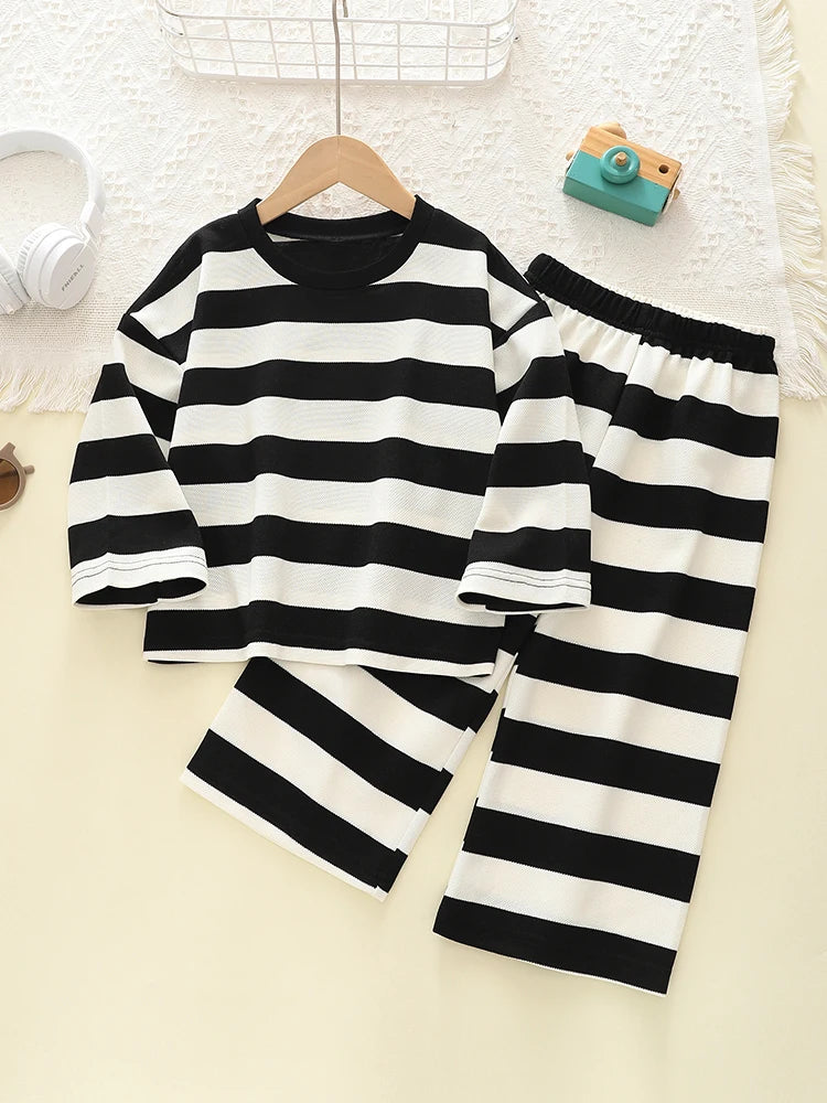 Kids Clothes Girls Autumn Korean-style Black And White Wide-striped T-shirt+Pants sets Children&