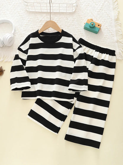 Kids Clothes Girls Autumn Korean-style Black And White Wide-striped T-shirt+Pants sets Children&