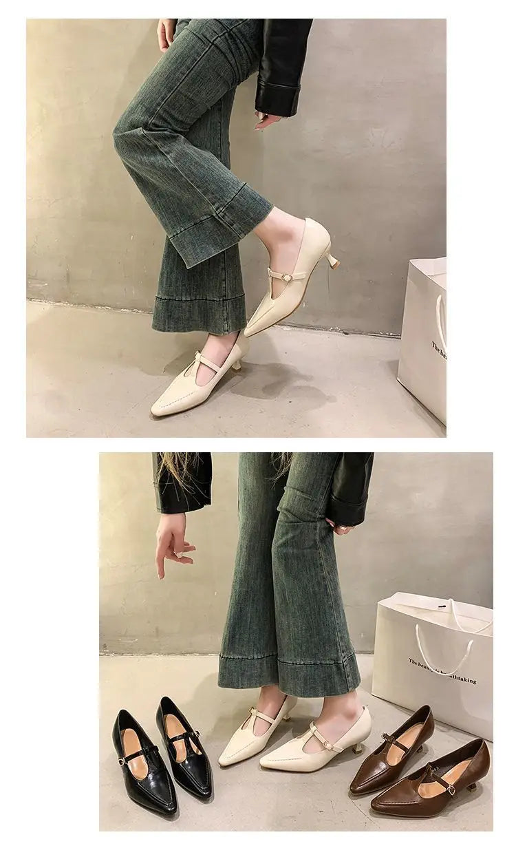 Women's Shoes Fashion Pointed Toe Buckle-heeled Single Shoes Retro Solid Color Medium Heels Casual Shallow Mouth Zapatos Mujer