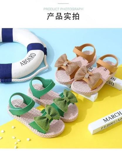 Kids Shoes Summer Sandals for Girls Bow Non-slip Soft Soled Versatile Solid Korean Children Sweet Princess Shoes Beach Sandals