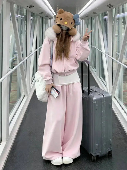 Pink Hooded Sweatshirt Set Women&