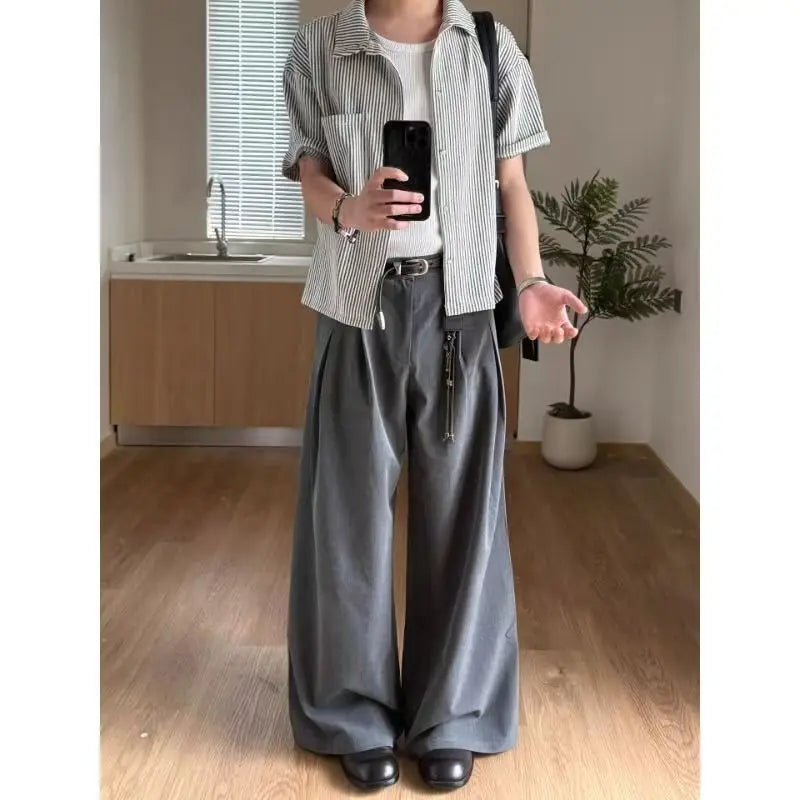 Spring Summer Pleated Wide Curved Trousers Men A-line Tailored Casual Suit Pants Streetwear Work wear Cleanfit Business