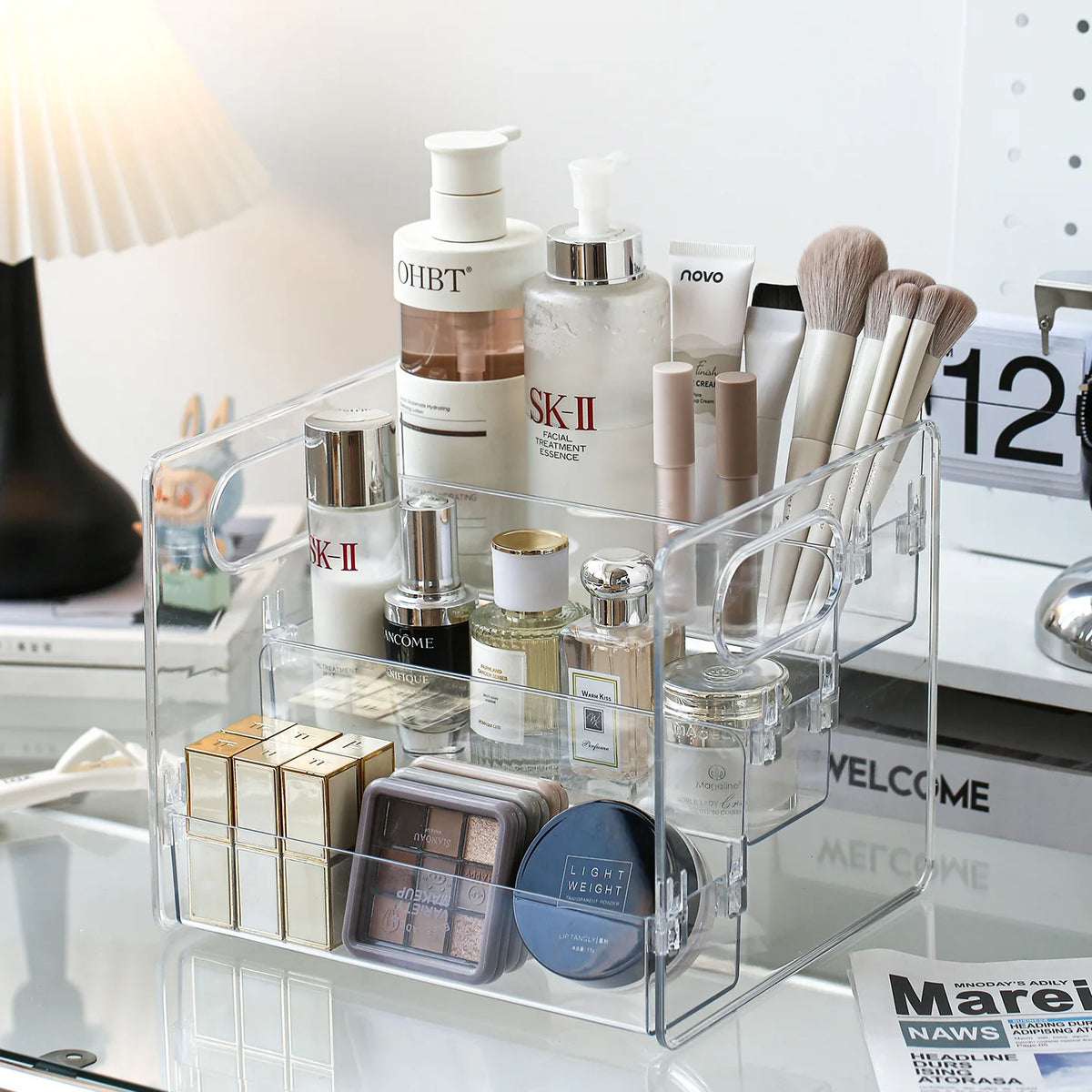 1pc Desktop Cosmetic Organizer Acrylic Transparent Slanted Storage Basket for Makeup, Lipstick, Perfume, Facial Mask, and Other