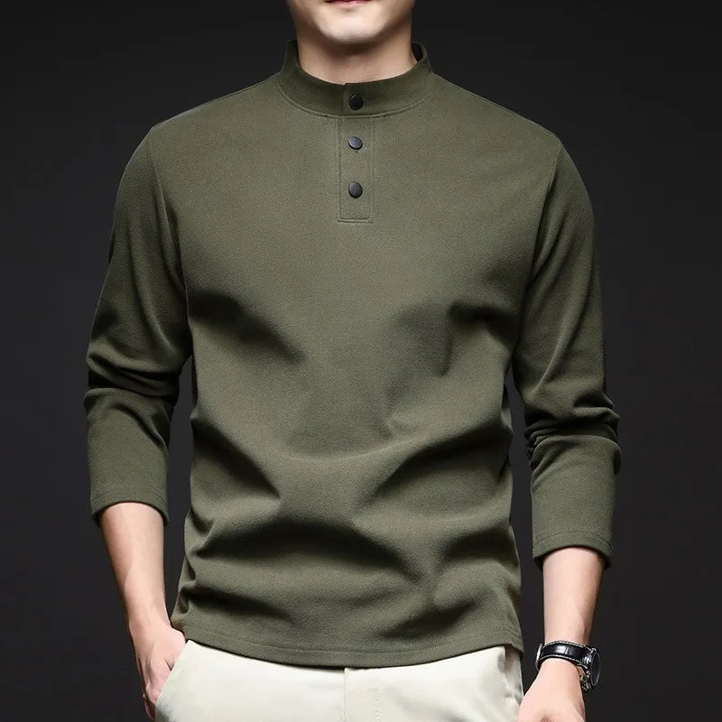 Men Mock Neck Henley Long Sleeve T Shirt Thick Warm Fleece Lined Casual Pullover Tops For Autumn Winter