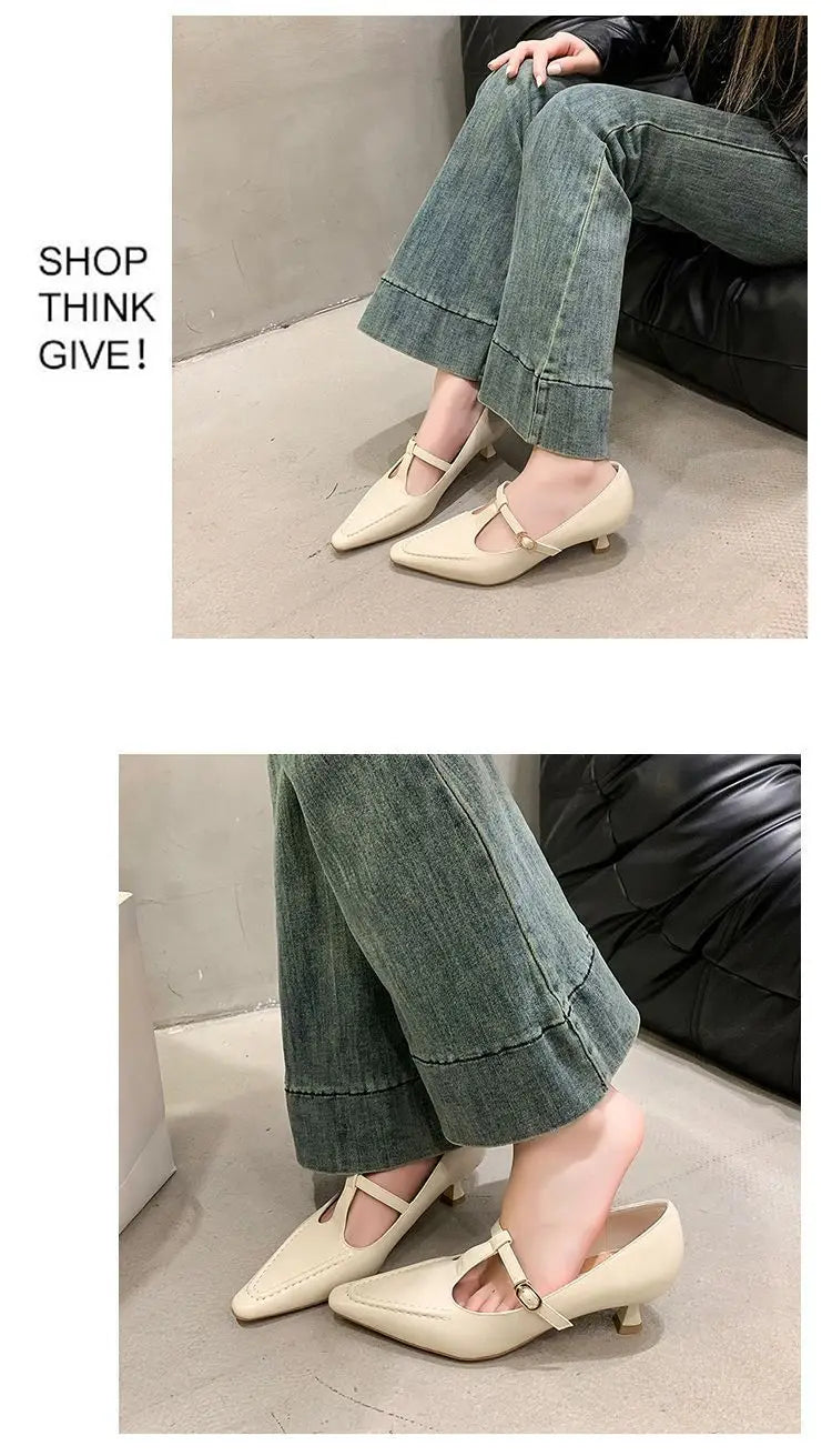 Women's Shoes Fashion Pointed Toe Buckle-heeled Single Shoes Retro Solid Color Medium Heels Casual Shallow Mouth Zapatos Mujer