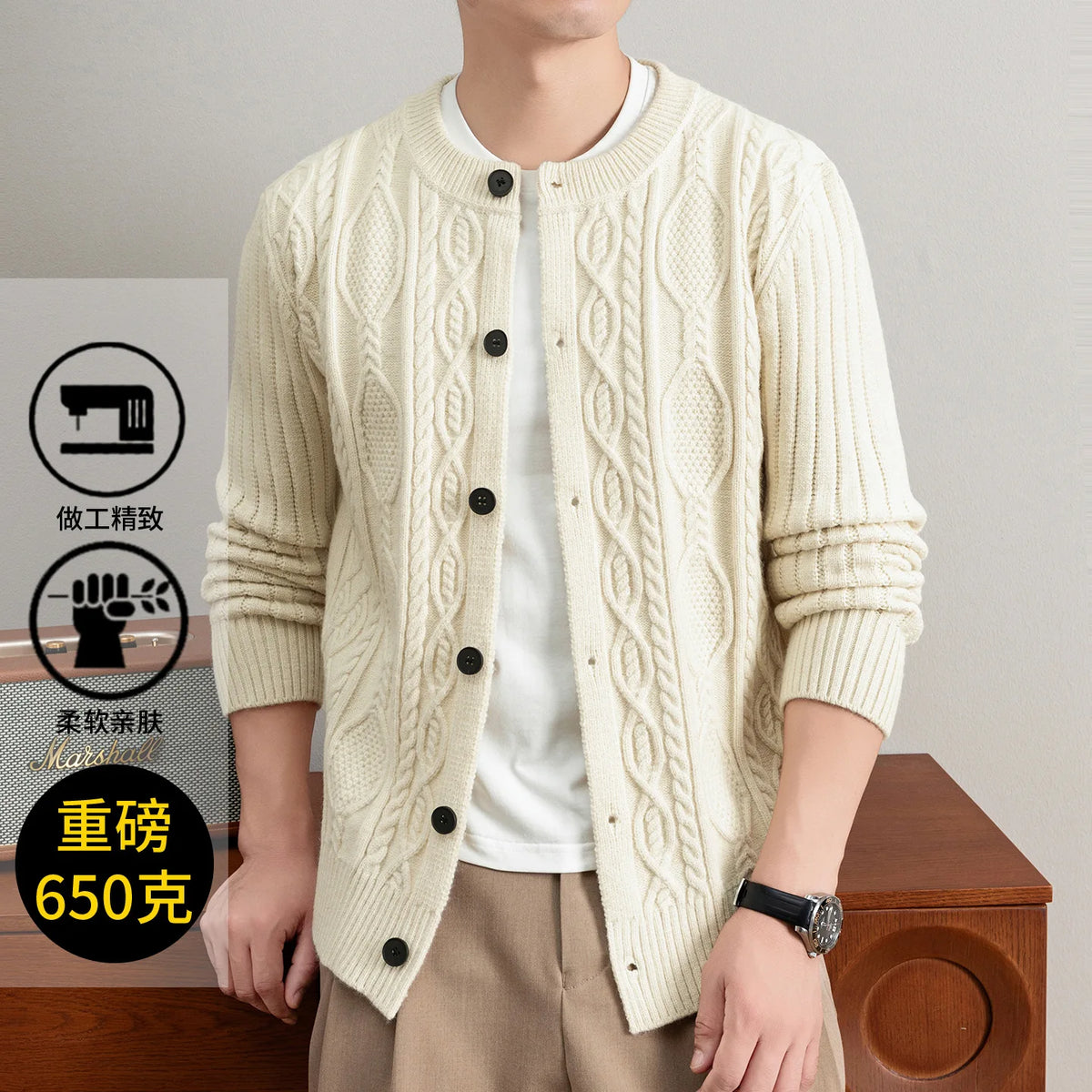 Men Cable Knit Cardigan Stand Collar Button Down Thick Warm Old Money Style Knit Coat For Autumn Winter