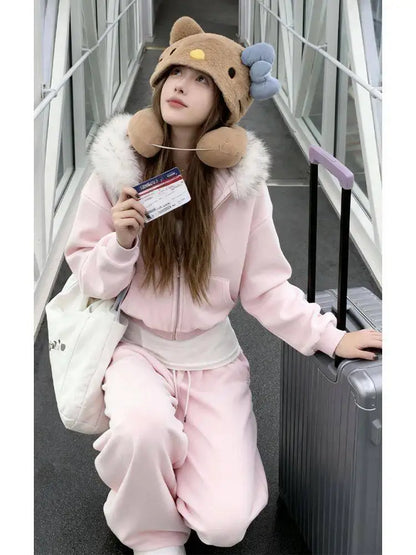 Pink Hooded Sweatshirt Set Women&