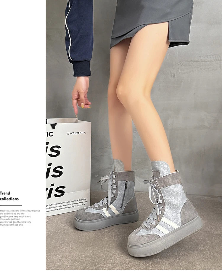 Sports and Leisure Shoes for Women 2025 New Fashionable High Top Shoes Flat Bottomed Lightweight and Comfortable Work Boots