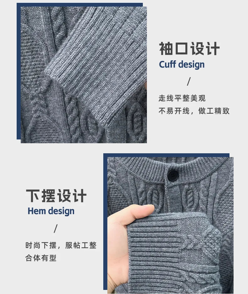 Men Cable Knit Cardigan Stand Collar Button Down Thick Warm Old Money Style Knit Coat For Autumn Winter