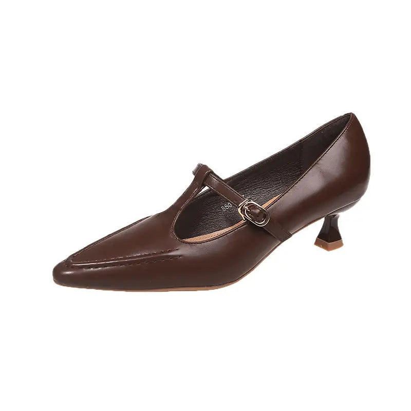 Women's Shoes Fashion Pointed Toe Buckle-heeled Single Shoes Retro Solid Color Medium Heels Casual Shallow Mouth Zapatos Mujer