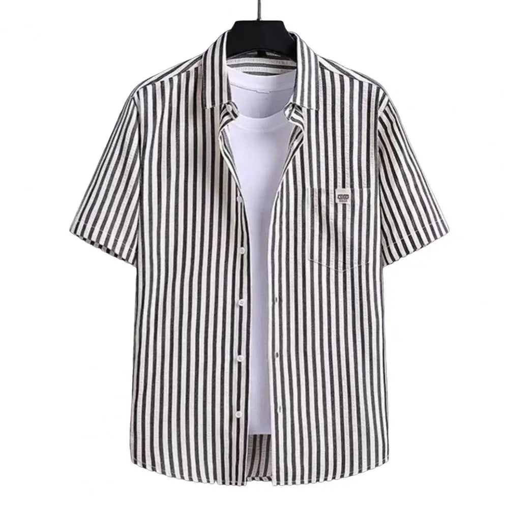 Men Striped Shirt Short Sleeve With Patch Pocket Lapel Loose Fit Summer Casual Button Down Tops