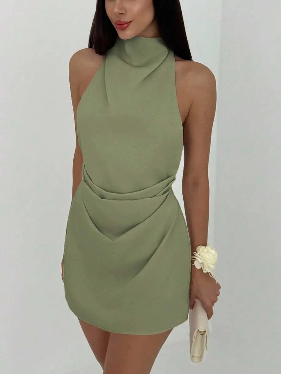 Satin Mini Dress Women High Neck Backless Sleeveless Wrap Short Dress Elegant Solid Color Cocktail Party Club Evening Outfit