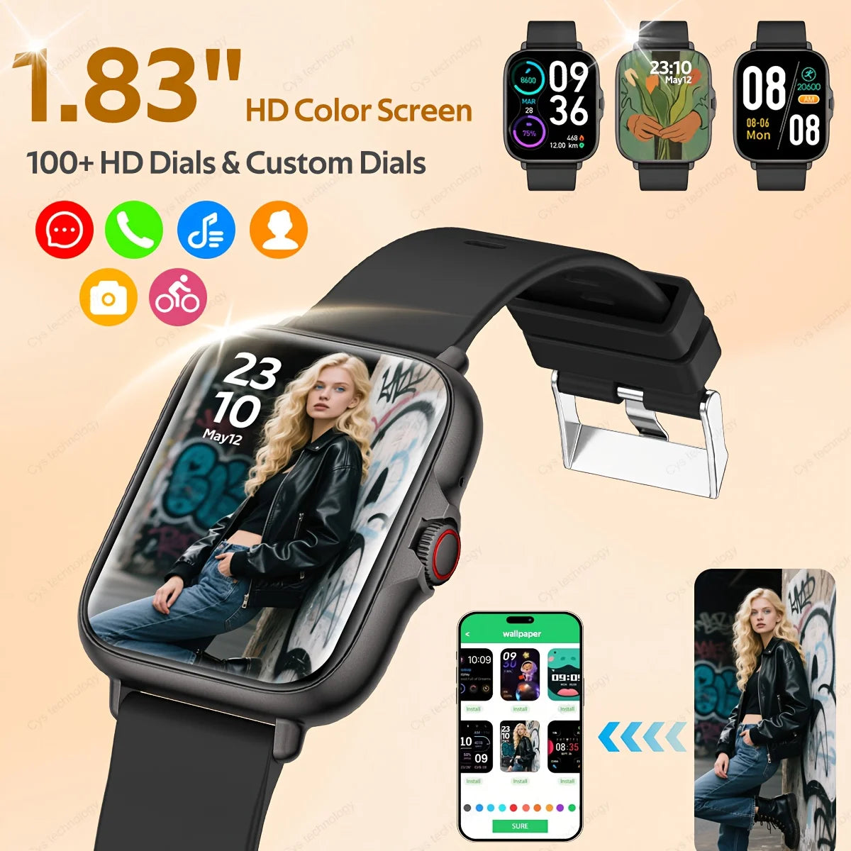 Smart Watch with Wireless Call, SMS, Multi-Sport Modes | Compatible with iPhone and Android, USB Charging, Clear Display
