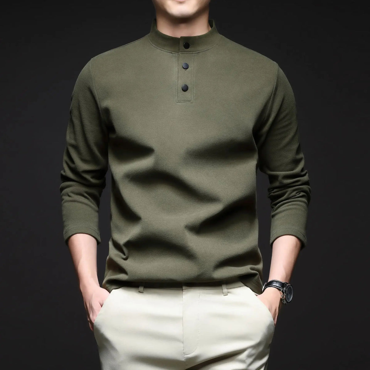 Men Mock Neck Henley Long Sleeve T Shirt Thick Warm Fleece Lined Casual Pullover Tops For Autumn Winter