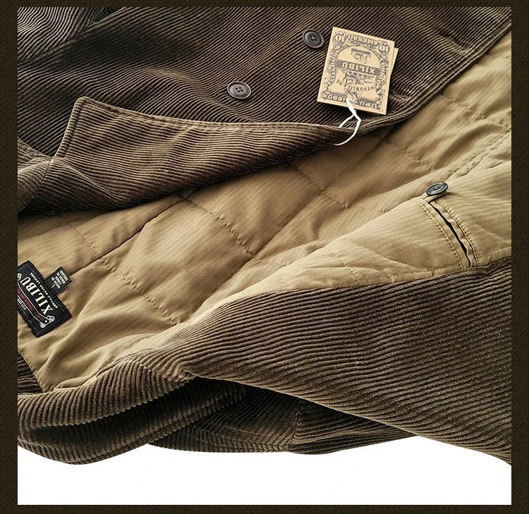 Amekaji Wear Clothes Men Corduroy Double Breasted Suit Cotton Coat Jacket American Retro Casual