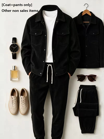 Men Corduroy 2‑Piece Outfit, Lapel Button Jacket and Drawstring Jogger Pants Set, Casual Daily Wear Men Suit