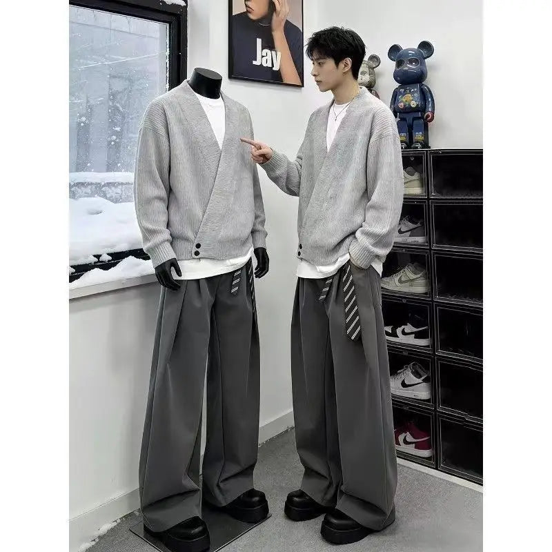 Spring Summer Pleated Wide Curved Trousers Men A-line Tailored Casual Suit Pants Streetwear Work wear Cleanfit Business