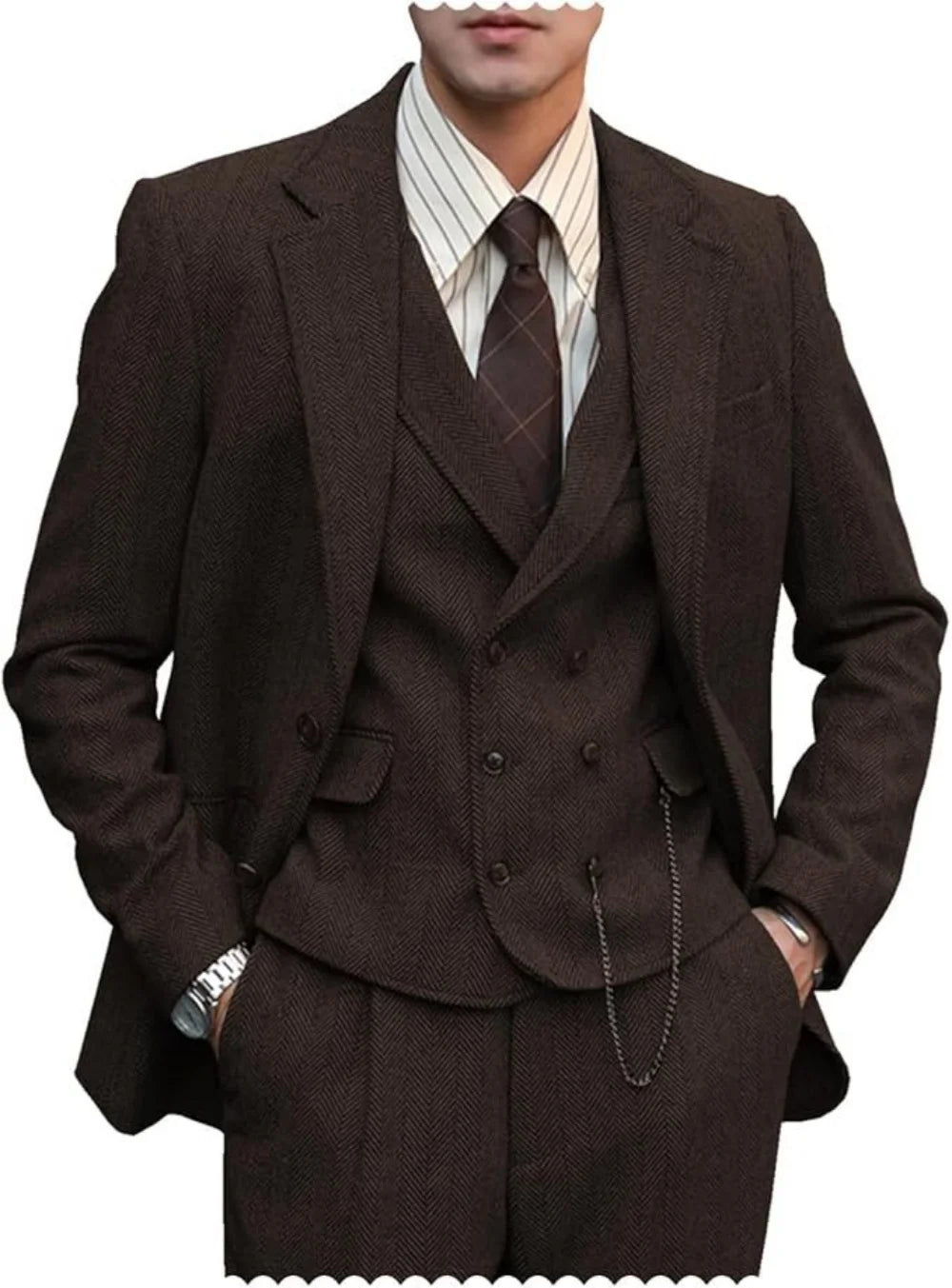 Mens Suits  3 Piece  Herringbone Tweed Wool Double Breasted Vest  Slim Fit Suit Prom Tuxedos Groomsmen For Wedding(Blazer+Vest
