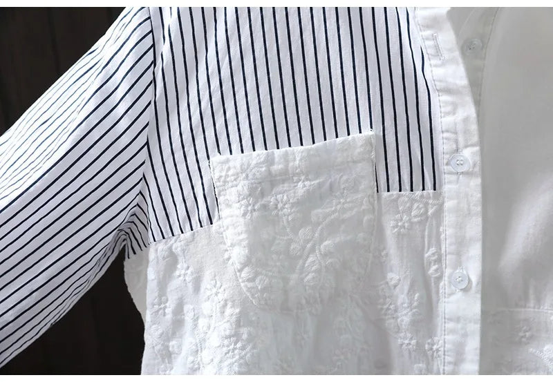 Fall Clothes 2026 Women Cotton Lace Striped Patchwork Shirts Long Sleeve Blouses for Lady Tops Office Wear Women Fashion Blouses
