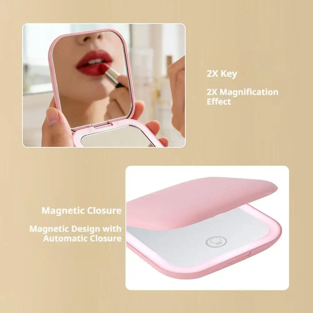 Rechargeable Handheld Mirror With 2X Magnification Portable Folding LED Makeup Mirror Pink Dual-Sided LED Lighted Makeup Mirror