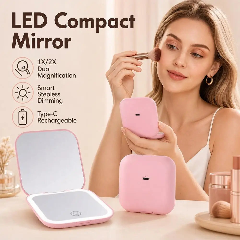 Rechargeable Handheld Mirror With 2X Magnification Portable Folding LED Makeup Mirror Pink Dual-Sided LED Lighted Makeup Mirror