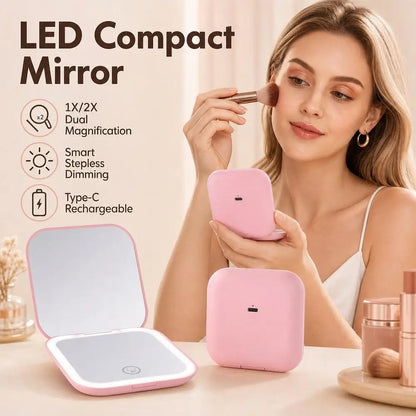 Rechargeable Handheld Mirror With 2X Magnification Portable Folding LED Makeup Mirror Pink Dual-Sided LED Lighted Makeup Mirror