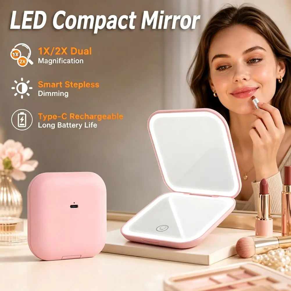 Rechargeable Handheld Mirror With 2X Magnification Portable Folding LED Makeup Mirror Pink Dual-Sided LED Lighted Makeup Mirror